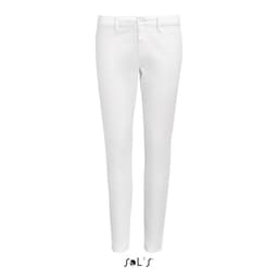 White women's chinos with a modern 7/8 leg design. Features a logo at the bottom.