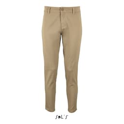 Light beige women's chinos with a modern 7/8 leg style and a button closure, featuring a logo at the bottom.