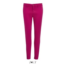 Women's 7/8 leg chinos in bright pink with a button closure and fitted design. Features a logo at the bottom.