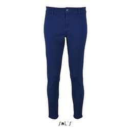 Modern women's chinos in navy blue with a 7/8 leg length, featuring a front button and logo detail.