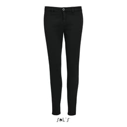 A pair of women's modern 7/8 leg chinos in black, featuring a front button and pocket details.