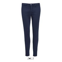 Navy blue women's chinos with a modern 7/8 leg style, featuring a front button and zip closure. Includes branding.
