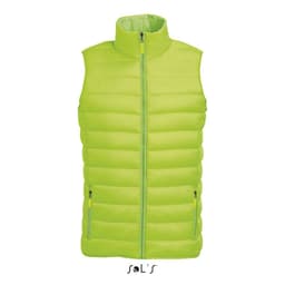 A puffer-style vest in bright lime green with a high neck and zippered pockets, featuring a logo.
