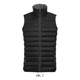 A black men's puffer vest with a contrast neck and zip front, featuring side pockets and a logo.