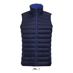 A navy blue men's puffer vest with a contrasting blue interior and a zipped front. It features a logo at the bottom.