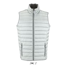 A men's puffer vest in light grey with a contrast collar and front zip. Features two side zip pockets.