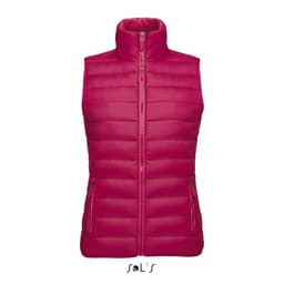 A women's puffer vest in a vibrant pink colour with a contrast neck section and zippered pockets. Features a logo.