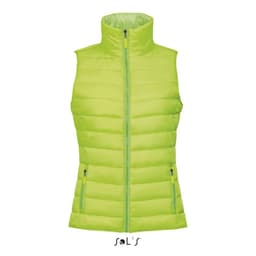 A green women's puffer vest with a contrast neck section and zippered pockets, featuring a branding logo.