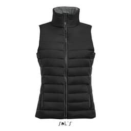 A women's puffer vest in black with a high neck and horizontal quilted design, featuring a zipper. It has a logo at the bottom.