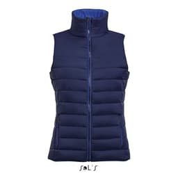 A women's puffer vest in navy blue with a contrasting blue neck section and zippered front pockets. It features a logo.