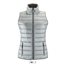 A women's puffer vest in light grey with a contrast neck section, featuring zip pockets and a logo.