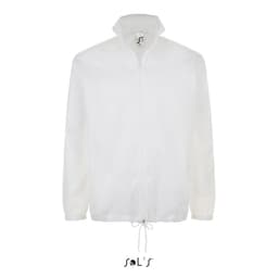 A white unisex rain coat with a hidden hood, featuring a zipper and drawstring at the hem. Includes a logo.