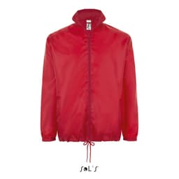 A red unisex water-repellent raincoat featuring a hidden hood and elasticised hem. Includes a logo.
