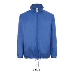 A blue unisex raincoat with a hidden hood, featuring a zip closure and adjustable hem. Includes a branding logo.