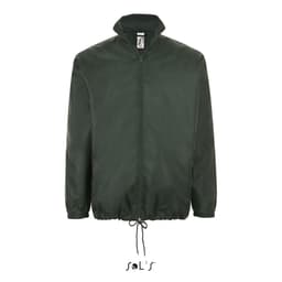 A unisex dark green water-repellent raincoat with a hidden hood and adjustable hem. It features a logo on the label.