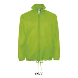 A bright green unisex rain coat with a hidden hood and drawstring at the hem. It features a logo on the label.