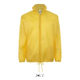 A yellow unisex rain coat with a hidden hood and adjustable drawstring at the hem. It features a logo on the label.