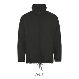 A black unisex raincoat with a hidden hood and adjustable drawstring at the waist, featuring a logo.