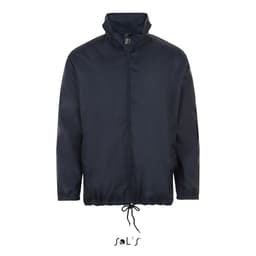 A unisex water-repellent rain coat in navy blue with a hidden hood and adjustable drawstring.