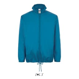 A blue unisex water-repellant raincoat with a hidden hood and adjustable drawstring at the hem. Features a branding logo.