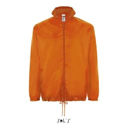 An orange unisex water-repellent raincoat with a hidden hood, featuring a front zip and adjustable drawstring.