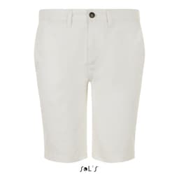 Men's chino shorts in cream colour featuring a front button and pockets, with branding displayed.