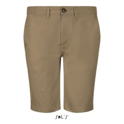 Men's chinos in a light tan colour with a front button and zipper closure, featuring a label logo.