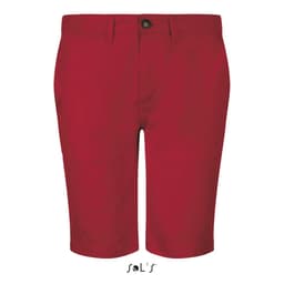 Men's chino-style shorts in a vibrant red colour, featuring a button closure and a branded logo.