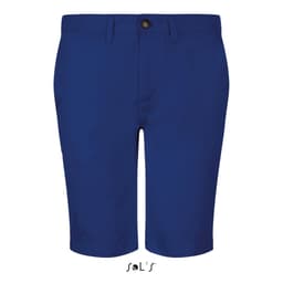 Men's chino shorts in a vibrant blue colour, featuring a button closure and a brand logo.