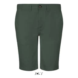 Men's chino shorts in dark green with a button closure and front pockets. Features branding on the waistband.