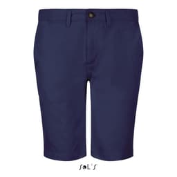 Men's chino style shorts in navy blue with a button closure and a logo at the hem.