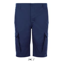 Bermuda-style men's shorts in navy blue with side cargo pockets and a button closure. Features brand logo.