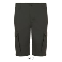 Bermuda-style men's shorts in dark green, featuring side cargo pockets and a button closure, with a logo at the bottom.