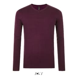 A maroon v-neck men's jumper with long sleeves, featuring a small branding logo.