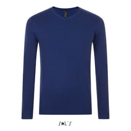 A navy V-neck jumper for men with long sleeves, featuring a tag and a logo at the neck.
