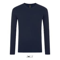 A navy blue men's V-neck jumper with long sleeves and a branded label.