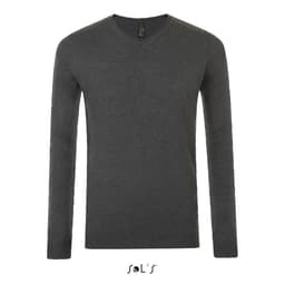 A dark grey V-neck men's jumper with long sleeves and a branding logo on the label.
