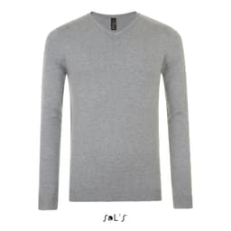A grey V-neck jumper for men with long sleeves. The product features a label and a simple design.