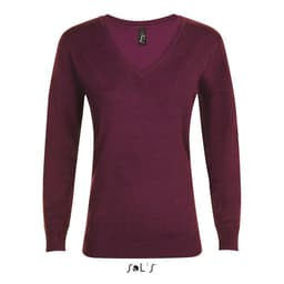 A women's jumper in deep burgundy with a V-neck and long sleeves, featuring a small logo on the label.