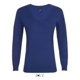 A women's V-neck jumper in a rich blue colour, featuring long sleeves and a branded label.