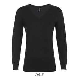 A black women's jumper with a V-neck design and long sleeves. It features a small logo on the label.