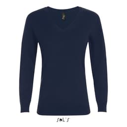 A navy women's V-neck jumper featuring long sleeves. The product includes a logo at the neckline.