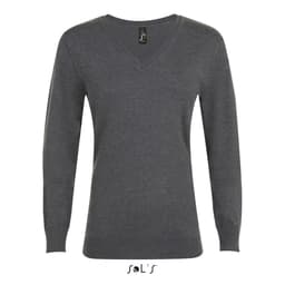 A grey women's V-neck jumper with long sleeves and a fitted design. It features a logo on the neckline.