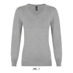 A women's V-neck jumper in grey with long sleeves and a fitted design. It features a logo at the neckline.