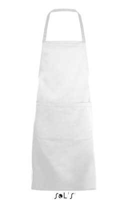 A white apron featuring a pocket, measuring 80cm x 63cm, with branding at the bottom.