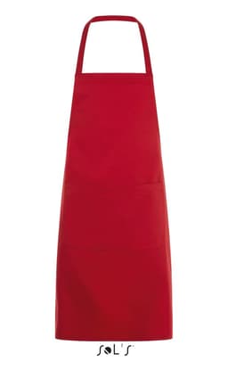 A red apron with a pocket, measuring 80cm x 63cm, featuring a logo at the bottom.