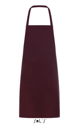 A burgundy apron with a long design and a pocket, measuring 80cm x 63cm. It features a logo at the bottom.