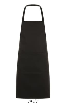 A black apron with a long design and a front pocket, measuring 80cm x 63cm, featuring a logo.