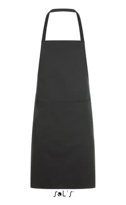 A long black apron with a pocket, measuring 80cm x 63cm, featuring a logo at the bottom.