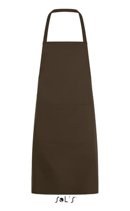 A brown apron with a pocket, measuring 80cm x 63cm, featuring a logo at the bottom.